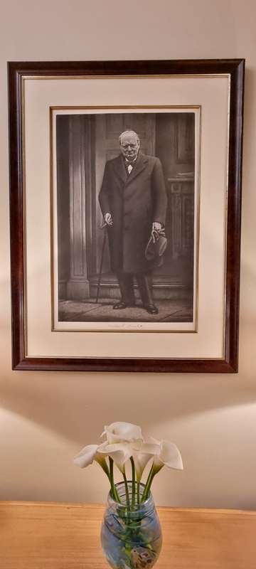 Mezzotint of Winston Churchill in front of No. 10 Downing Street in 1940. By Macbeth-Raeburn, Henry