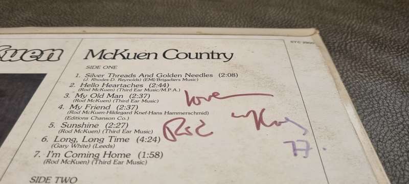 HAND INSCRIBED DATED AND SIGNED ` Love Rod McKuen 77`.  Country LP. S.A. Press Stanyan SYC 2900