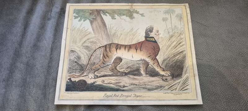 George Cruikshank (1792-1878). Original 1819 Hand Coloured Etching.  Royal Red Bengal Tiger.