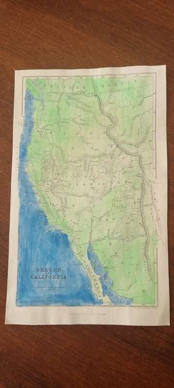 Oregon and California Map ( much later hand colour in light green and dark blue ) 1856 original map.