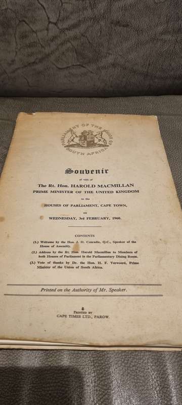 Harold Macmillan. THE FAMOUS WINDS OF CHANGE SPEECH. Full text souvenir.