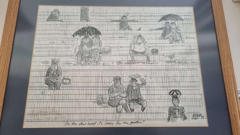 Tony Grogan. Cape Times Rugby Newlands cartoon with hand inscription and signature.