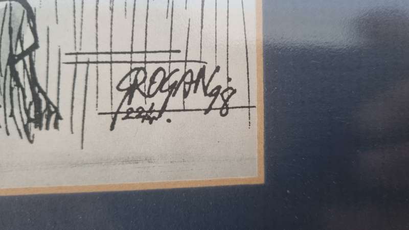 Tony Grogan. Cape Times Rugby Newlands cartoon with hand inscription and signature.