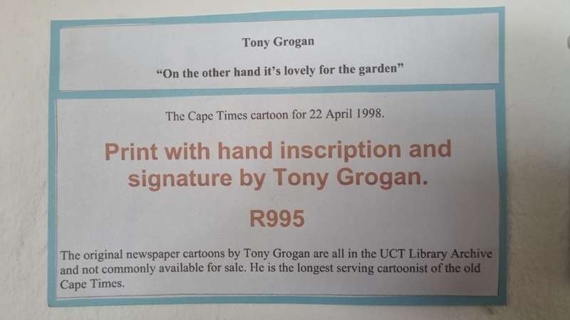 Tony Grogan. Cape Times Rugby Newlands cartoon with hand inscription and signature.