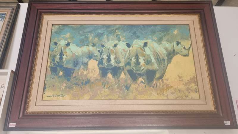 Mark Enslin Original Oil Painting of Rhinos, Framed, 148cm x 100cm