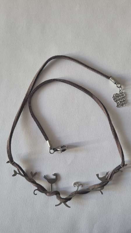 Birds singing all metal pendant leather necklace