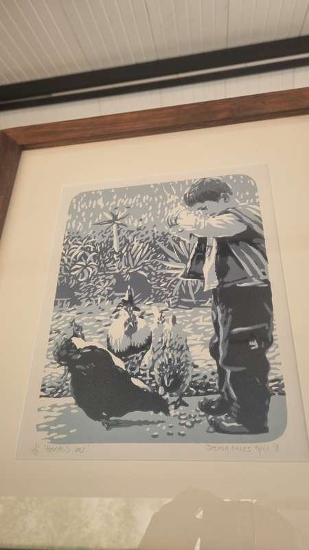 Joshua Miles. Hoenders Voer. Feeding Chickens. Limited 1/10 Reduction Linocut. NICE FRAME.