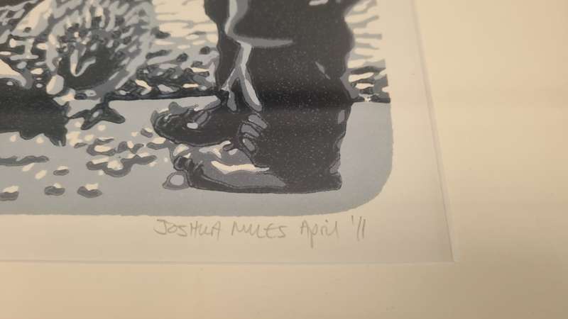 Joshua Miles. Hoenders Voer. Feeding Chickens. Limited 1/10 Reduction Linocut. NICE FRAME.