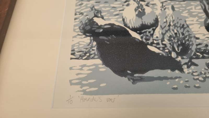 Joshua Miles. Hoenders Voer. Feeding Chickens. Limited 1/10 Reduction Linocut. NICE FRAME.