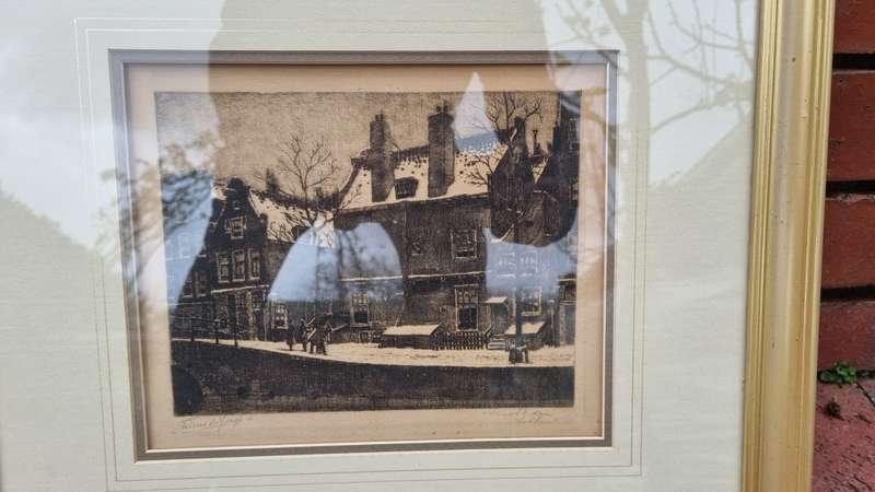 Tinus de Jongh Etching Kalverstraat Amsterdam in snow. Framed by Infinart!