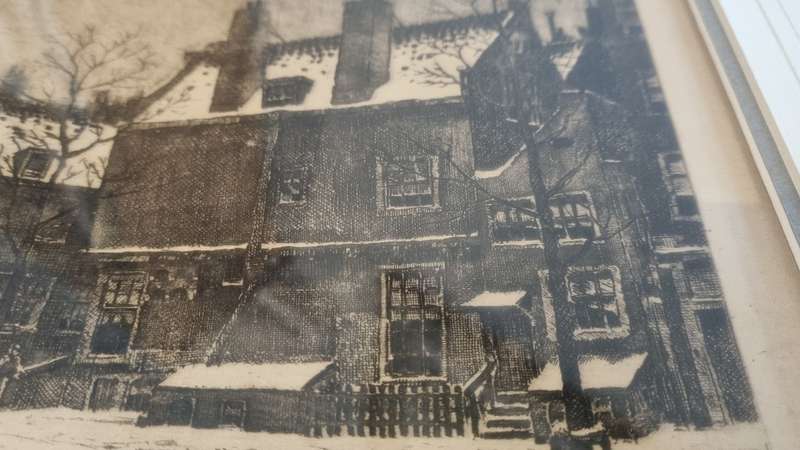 Tinus de Jongh Etching Kalverstraat Amsterdam in snow. Framed by Infinart!