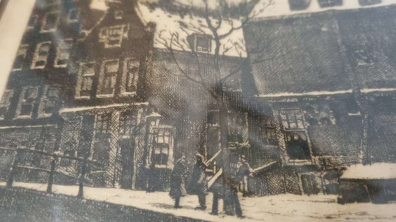Tinus de Jongh Etching Kalverstraat Amsterdam in snow. Framed by Infinart!