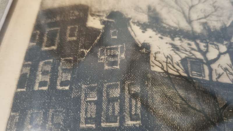 Tinus de Jongh Etching Kalverstraat Amsterdam in snow. Framed by Infinart!
