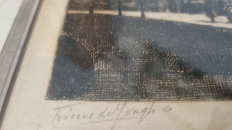 Tinus de Jongh Etching Kalverstraat Amsterdam in snow. Framed by Infinart!