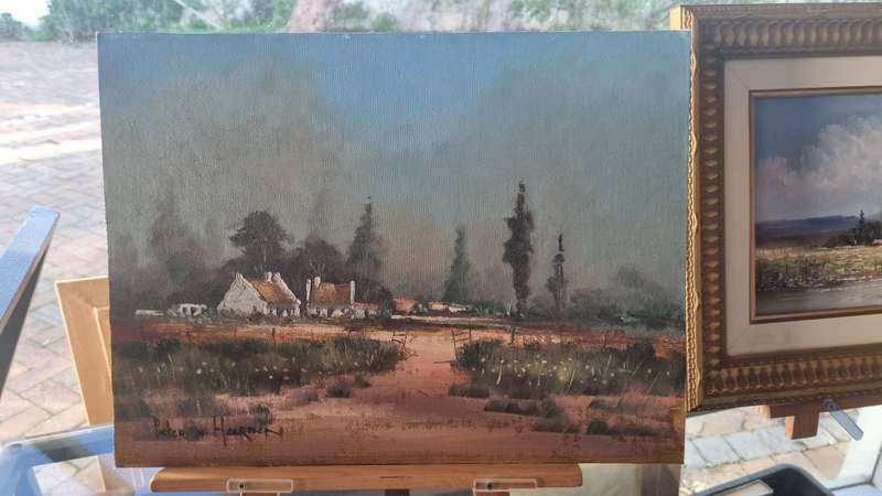 Pieter van Heerden. ORIGINAL OIL PAINTING. S.A. rural scene of cottages in a landscape.