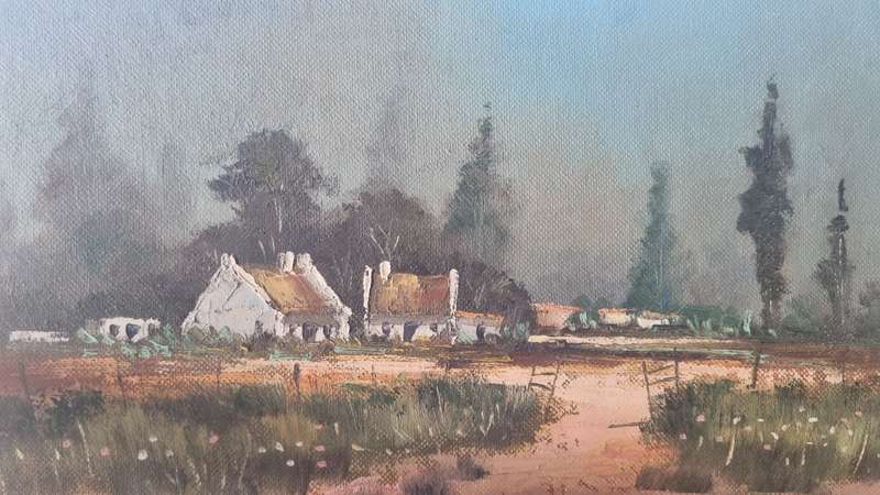 Pieter van Heerden. ORIGINAL OIL PAINTING. S.A. rural scene of cottages in a landscape.