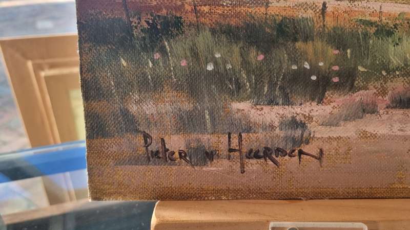 Pieter van Heerden. ORIGINAL OIL PAINTING. S.A. rural scene of cottages in a landscape.