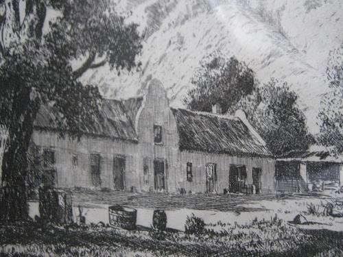 Tinus de Jongh Original Stamped Signed Etching Framed Jonkershoek Stellenbosch Cape Dutch Wine Farm