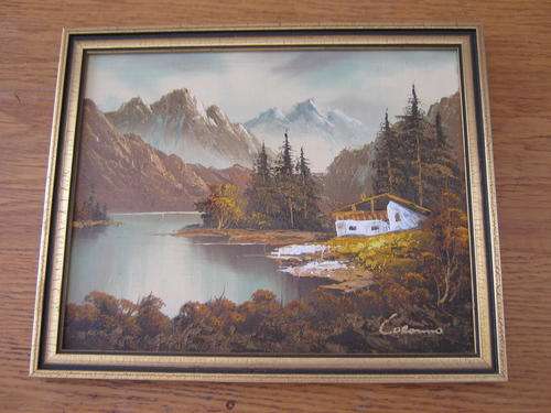 ORIGINAL oil on board Alpine Lake Scene by Coranno. Framed . R1 with no reserve!