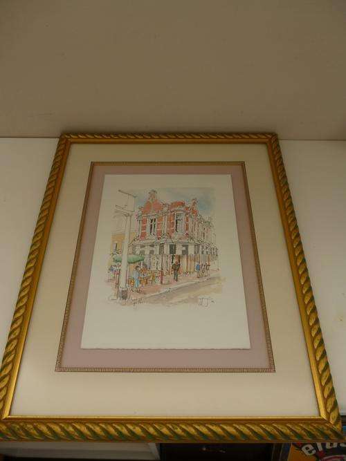 David Coppinger. Ink and watercolour painting. Corner Long and Church Street Cape Town. FRAMED.SUPER