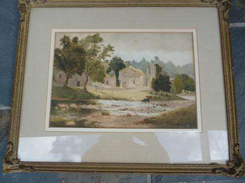 Sydney Scott. Original Victorian Watercolour. Easby Abbey Ruin, Richmond, Yorkshire , England.