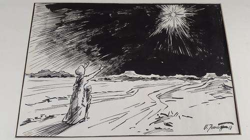 Victor Ivanoff (1909-1997).  Original Cartoon Ink Drawing. Boer Woman and Child with Guiding Star.