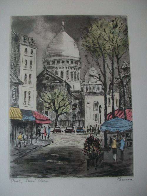 Hand Coloured etching of PARIS! Sacre Coeur Cathedral. Original by Farano.  R18 POSTAGE!