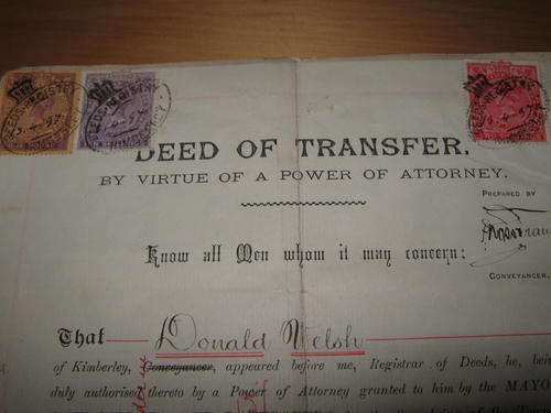 1899 Deed of Transfer Kimberley with 4 Cape of Good Hope revenue stamps and colour plan