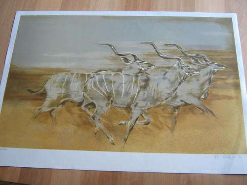 Kudus in Flight by Vic Guhrs - top African artist. Limited hand signed and numbered lithograph