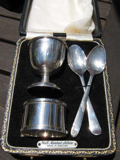 Sterling Silver Egg Cup Napkin Ring and Teaspoon Set in Original Case. Hall Marked 1953. 75 grammes.