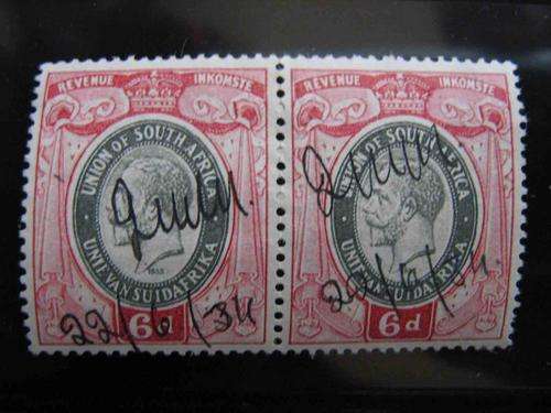 6d Union of South Africa revenue stamp pair