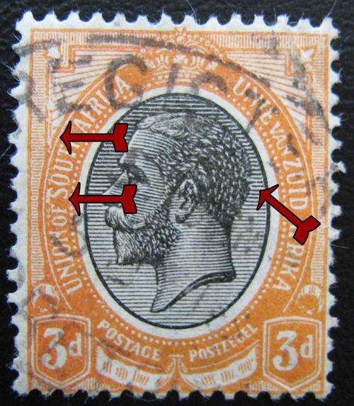 1913 Union of South 3d KGV with serif on "S",broken frame, and hole in king's head.Used