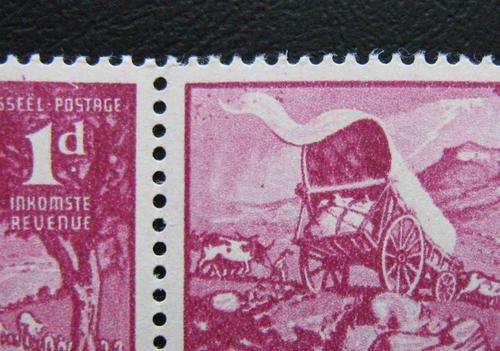 1949 Union of South Africa 1d block of four with "birds behind wagon" flaw.