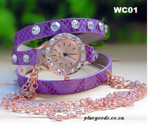 Rhinestone Long Leather Sling Quartz Wrist Watch with Chain