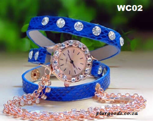 Rhinestone Long Leather Sling Quartz Wrist Watch with Chain