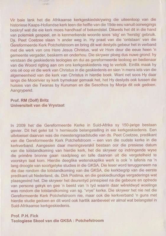 Ds P A Coetzee, Ontstaan van die Eerste Gereformeerde Kerke in die Suid-Afrikaanse Republiek