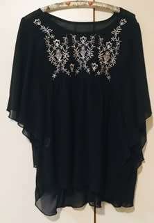 Black gypsy top with embroidery on front size: L
