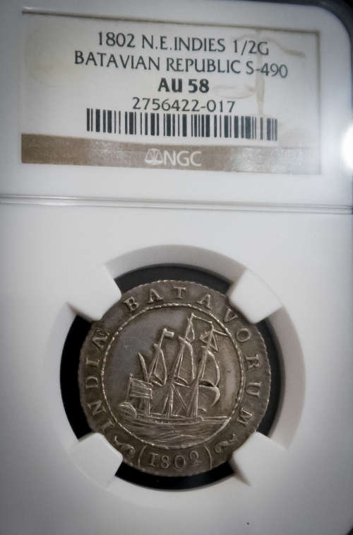 1802 Ships Half Gulden NGC AU58