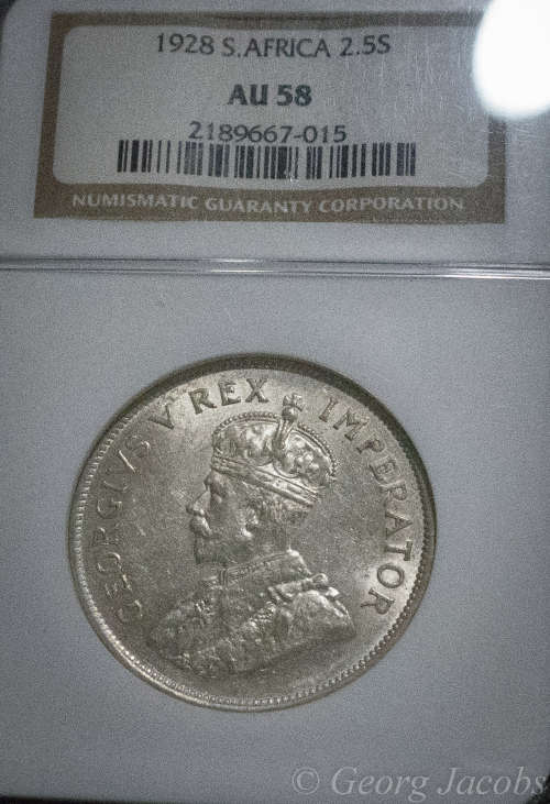 1928 Two and a Half Shillings- Scarce and Lustrous NGC AU58- Start @ R1 !!!