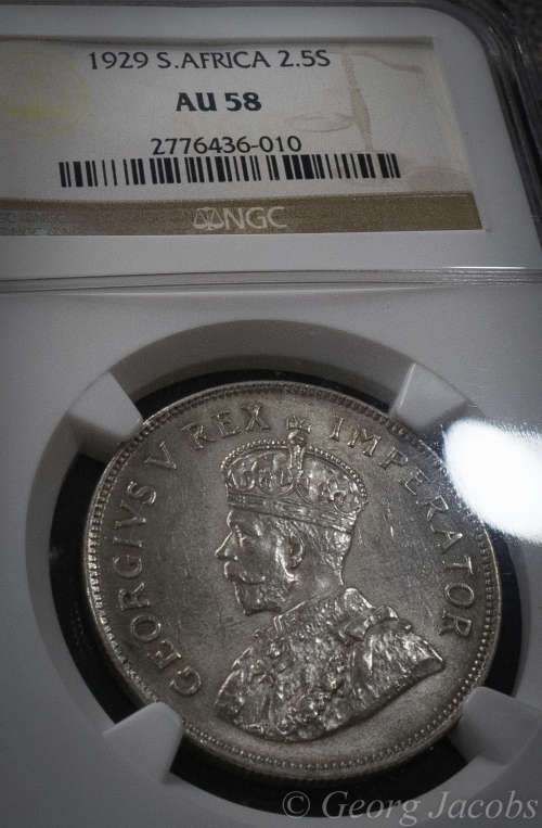 1929 Two and a Half Shillings- Close to Unc- Scarce -NGC AU58- Start @ R1 !!!