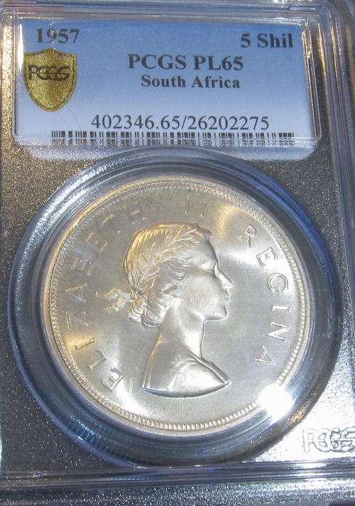 1957 Five Shillings PCGS Prooflike 65 !!! Stunning Gem !! Start @ R1 !!!!