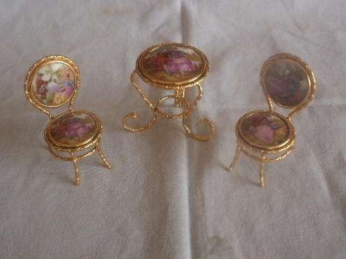 MINIATURE LIMOGES TABLE AND TWO CHAIRS
