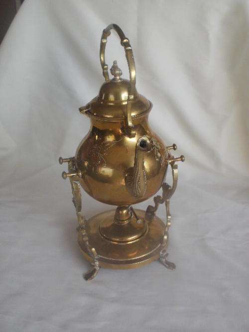 BRASS TEA KETTLE ON STAND WITH BURNER