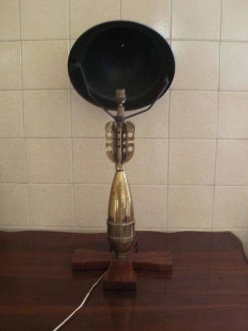 MORTAR SHELL LAMP WITH ARMY HELMET AS SHADE