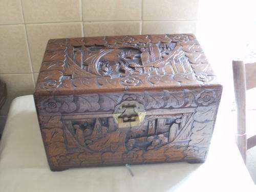 SMALL CARVED CAMPHOR WOOD CHEST WITH LOCK