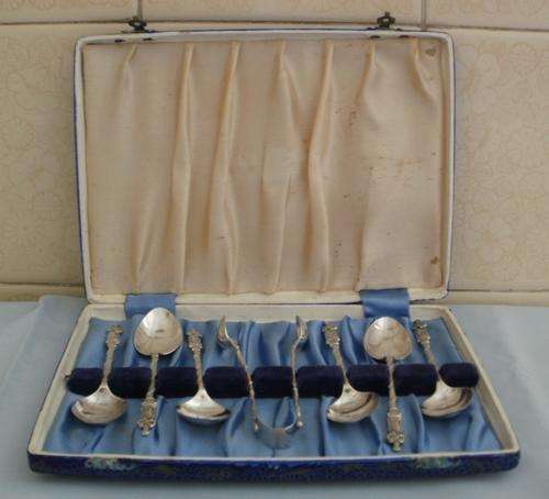 SET X6 SILVER APOSTLE SPOONS WITH TONGS. BIRMINGHAM