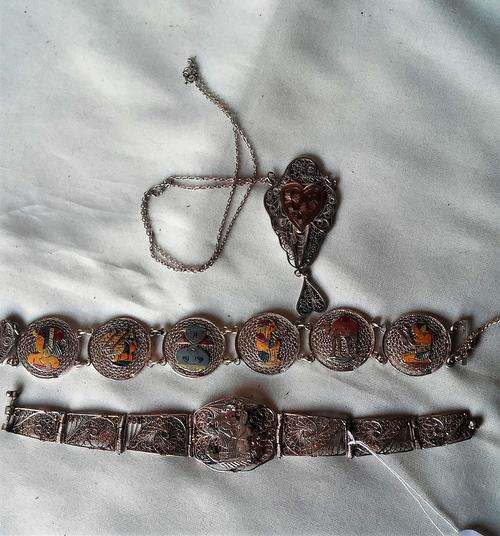 TWO EGYPTIAN SILVER BANGLE'S AND SILVER & GOLD NECKLACE