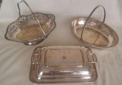 SILVER PLATED SERVING DISH WITH LID AND TWO BASKET