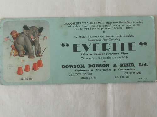 "Everite" Asbestos Cement Pressure Pipes, Advertising card bord phamphlets