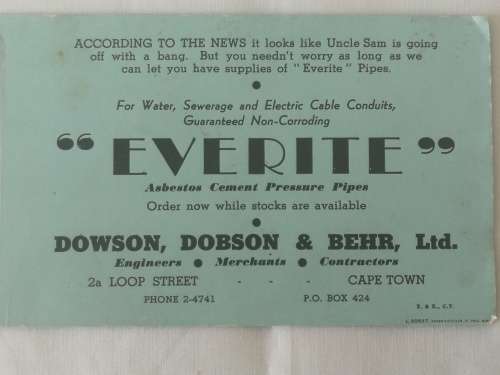 "Everite" Asbestos Cement Pressure Pipes, Advertising card bord phamphlets